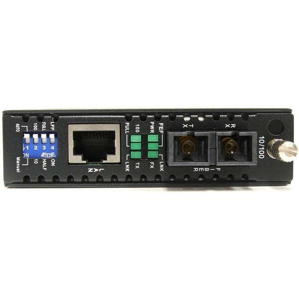 A StarTech.com 10/100 Mbps Multi Mode Fiber Media Converter SC 2 km on a white background.