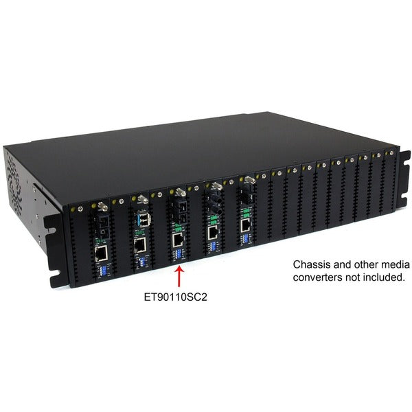 A StarTech.com 10/100 Mbps Multi Mode Fiber Media Converter SC 2 km on a white background.