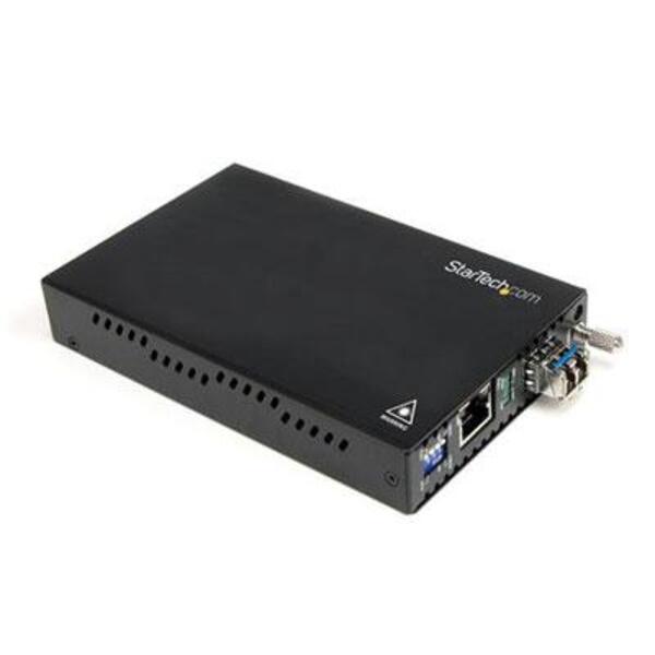 A small black box with two StarTech.com Fiber Media Converter Gigabit 1000Mbps MM Fibre LC 550m ports.