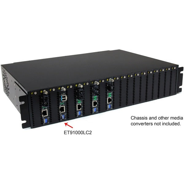 A small black box with two StarTech.com Fiber Media Converter Gigabit 1000Mbps MM Fibre LC 550m ports.