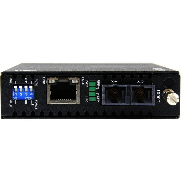 A StarTech.com Gigabit Ethernet Multi Mode Fiber Media Converter SC 550m - 1000 Mbps on a white background.