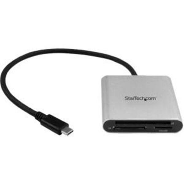 A Star Tech.com USB 3.0 Flash Memory Multi-Card Reader / Writer with USB-C - SD microSD and CompactFlash Card Reader w/ Integrated USB-C Cable connected to a computer.