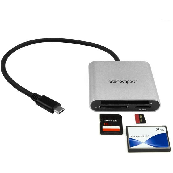 A Star Tech.com USB 3.0 Flash Memory Multi-Card Reader / Writer with USB-C - SD microSD and CompactFlash Card Reader w/ Integrated USB-C Cable connected to a computer.