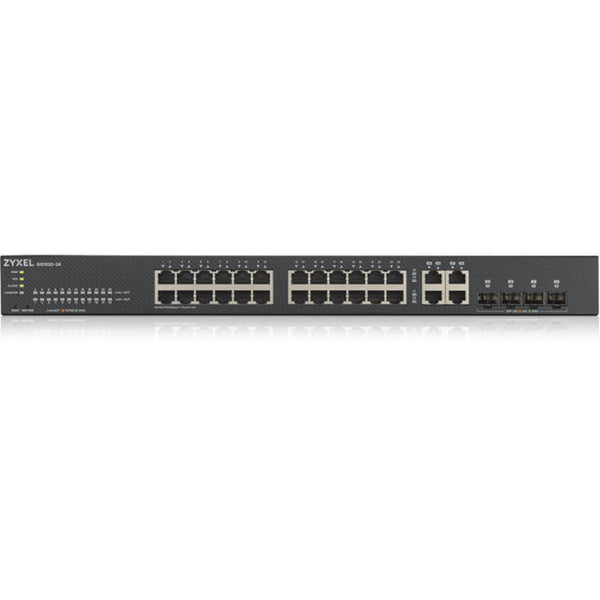 A ZYXEL 24-port GbE Smart Managed Switch with two ethernet ports and a gigabit ethernet port.