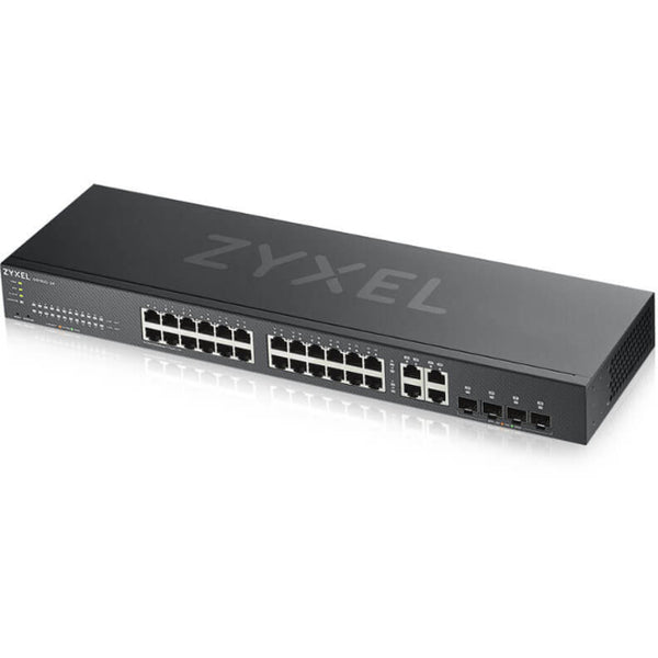 A ZYXEL 24-port GbE Smart Managed Switch with two ethernet ports and a gigabit ethernet port.
