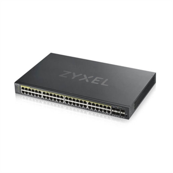 A ZYXEL 48-port GbE Smart Managed PoE Switch with an ethernet port.