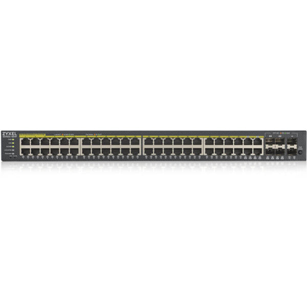 A ZYXEL 48-port GbE Smart Managed PoE Switch with an ethernet port.