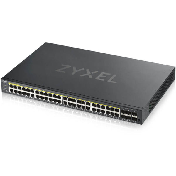 A ZYXEL 48-port GbE Smart Managed PoE Switch with an ethernet port.