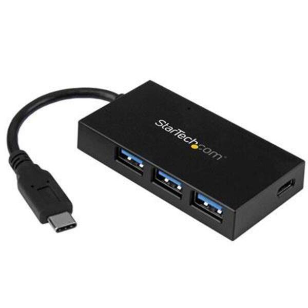 A StarTech.com USB C Hub - 4 Port USB-C to USB-A (3x) and USB-C (1x) - Bus Powered USB Hub - USB Type C Hub - Port Expander with two usb ports.