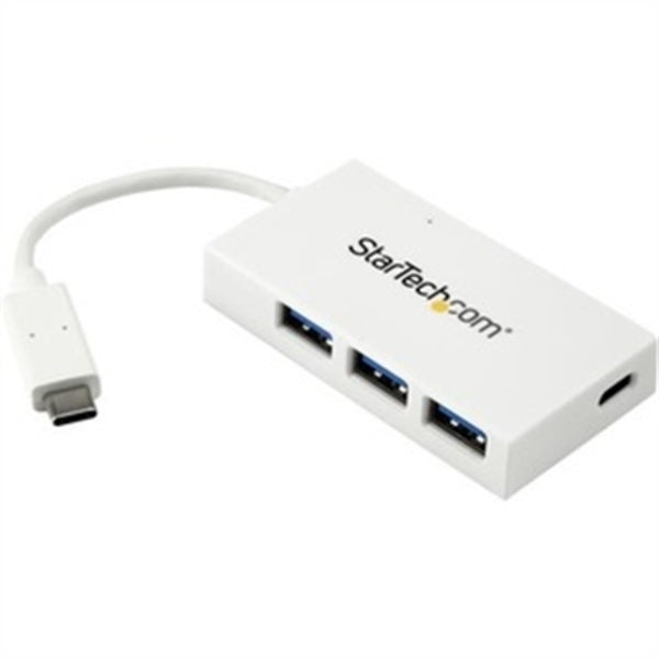 A white StarTech.com 4 Port USB C Hub with 1x USB-C &amp; 3x USB-A (SuperSpeed 5Gbps) - USB Bus Powered - Portable/Laptop USB 3.0 Type-C Hub.
