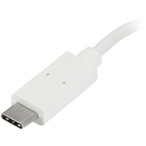 A white StarTech.com 4 Port USB C Hub with 1x USB-C &amp; 3x USB-A (SuperSpeed 5Gbps) - USB Bus Powered - Portable/Laptop USB 3.0 Type-C Hub.