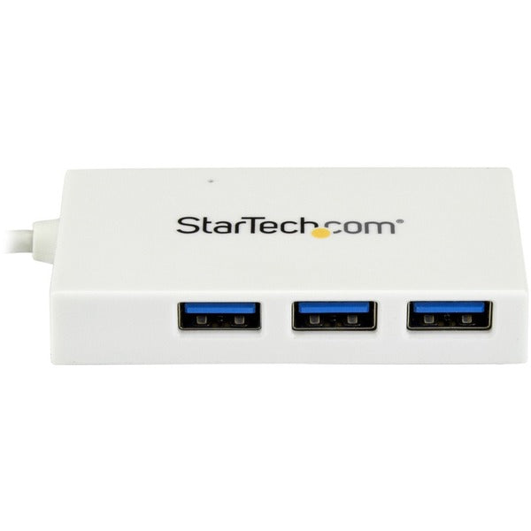 A white StarTech.com 4 Port USB C Hub with 1x USB-C &amp; 3x USB-A (SuperSpeed 5Gbps) - USB Bus Powered - Portable/Laptop USB 3.0 Type-C Hub.