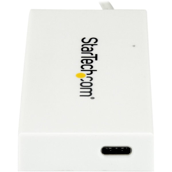 A white StarTech.com 4 Port USB C Hub with 1x USB-C &amp; 3x USB-A (SuperSpeed 5Gbps) - USB Bus Powered - Portable/Laptop USB 3.0 Type-C Hub.