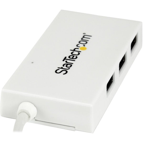 A white StarTech.com 4 Port USB C Hub with 1x USB-C &amp; 3x USB-A (SuperSpeed 5Gbps) - USB Bus Powered - Portable/Laptop USB 3.0 Type-C Hub.