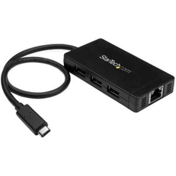 This StarTech.com USB-C to Ethernet Adapter - Gigabit - 3 Port USB C to USB Hub and Power Adapter - Thunderbolt 3 Compatible comes with a USB cable for seamless connectivity.