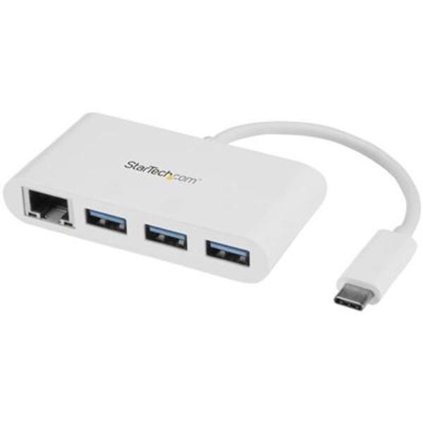 A StarTech.com 3 Port USB C Hub with Gigabit Ethernet - USB-C to 3x USB-A - USB 3.0 - White - USB Hub with GbE - USB-C to USB Adapter - USB Type C Hub with two usb ports.