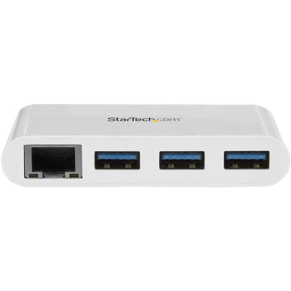 A StarTech.com 3 Port USB C Hub with Gigabit Ethernet - USB-C to 3x USB-A - USB 3.0 - White - USB Hub with GbE - USB-C to USB Adapter - USB Type C Hub with two usb ports.