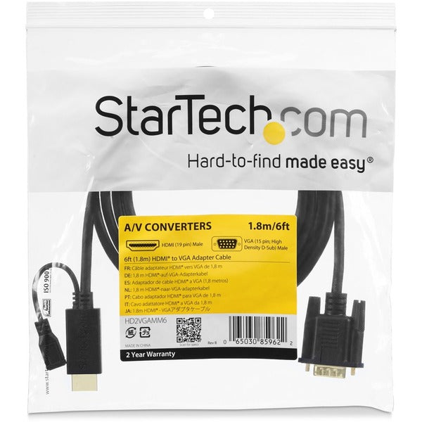 A StarTech.com HDMI to VGA Cable - 6 ft / 2m - 1080p - 1920 x 1200 - Active HDMI Cable - Monitor Cable - Computer Cable.