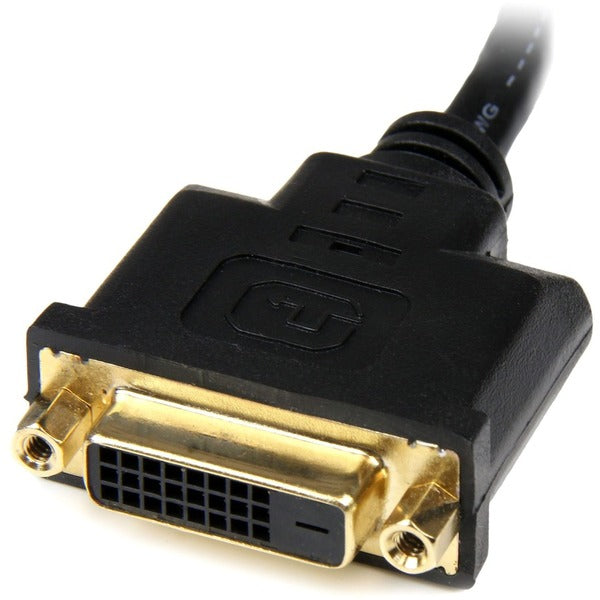 A black and gold StarTech.com 8in HDMI to DVI-D Video Cable Adapter - HDMI Male to DVI Female.