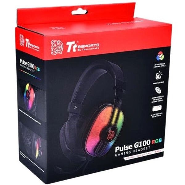 Enhance your gaming experience with our top-notch Tt eSPORTS PULSE G100 Gaming Headset featuring ergonomic comfort and a vibrant rainbow colored light.