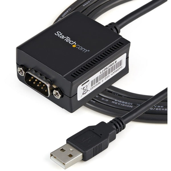 A StarTech.com 1 Port FTDI USB to Serial RS232 Adapter Cable with COM Retention on a white background.