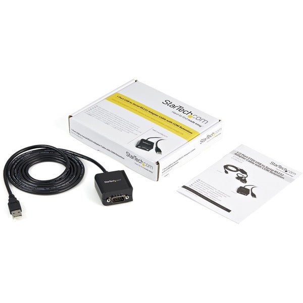 A StarTech.com 1 Port FTDI USB to Serial RS232 Adapter Cable with COM Retention on a white background.