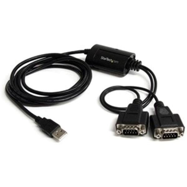 A black StarTech.com USB to Serial Adapter - 2 Port - COM Port Retention - FTDI - USB to RS232 Adapter Cable - USB to Serial Converter.