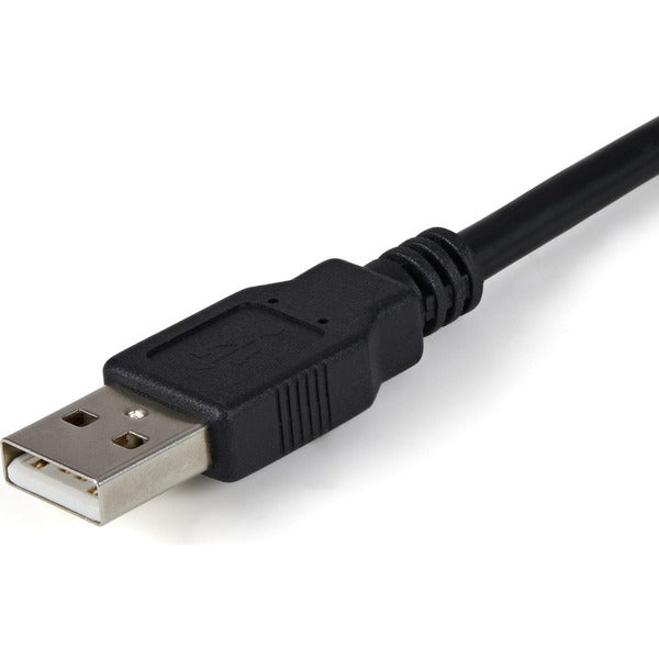 A black StarTech.com USB to Serial Adapter - 2 Port - COM Port Retention - FTDI - USB to RS232 Adapter Cable - USB to Serial Converter.