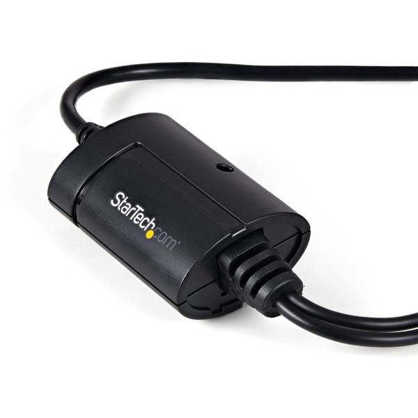 A black StarTech.com USB to Serial Adapter - 2 Port - COM Port Retention - FTDI - USB to RS232 Adapter Cable - USB to Serial Converter.