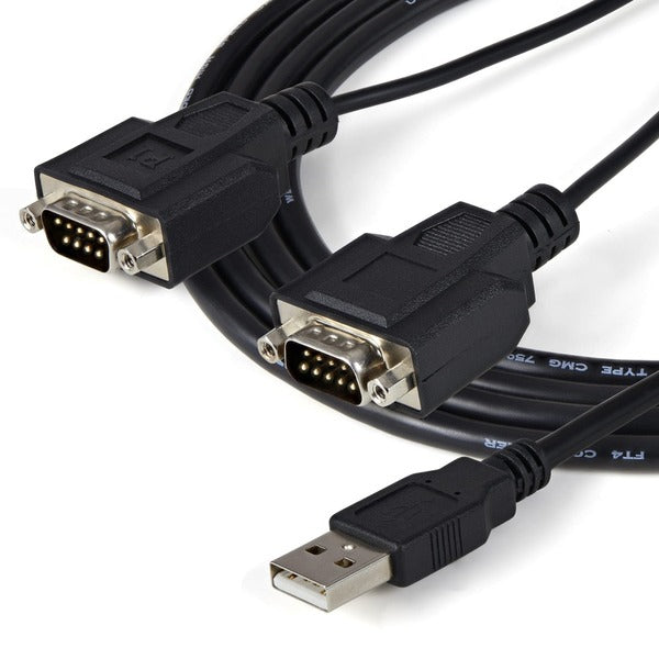 A black StarTech.com USB to Serial Adapter - 2 Port - COM Port Retention - FTDI - USB to RS232 Adapter Cable - USB to Serial Converter.