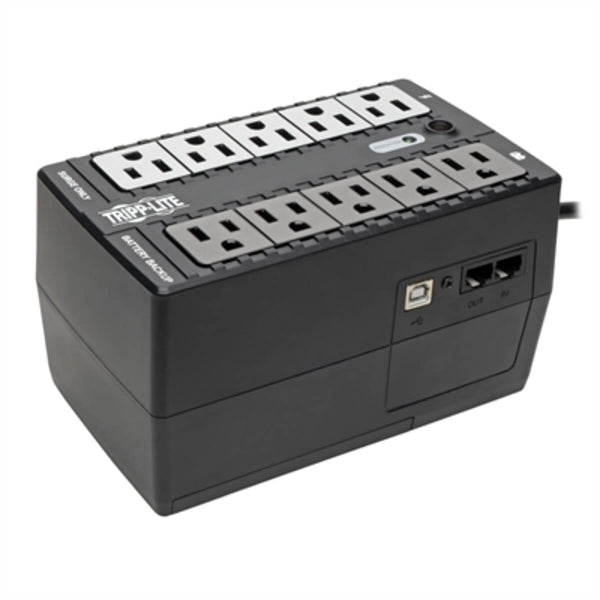 A Tripp Lite UPS 600VA 325W Desktop Battery Back Up Compact 120V USB Standby 50/60Hz 5-15P PC with several outlets on it.