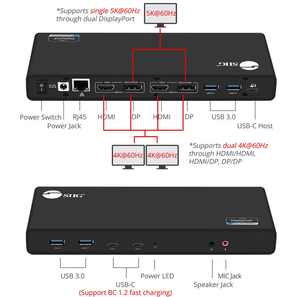 A black USB 3.1 Type-C Dual 4K Docking Station with Power Delivery 60W with two USB ports.