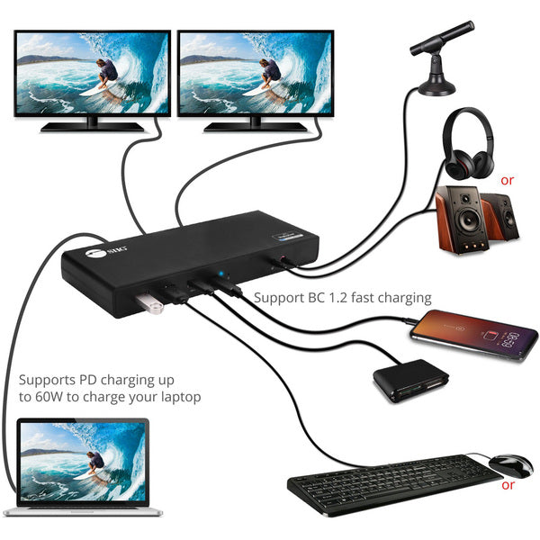 A black USB 3.1 Type-C Dual 4K Docking Station with Power Delivery 60W with two USB ports.