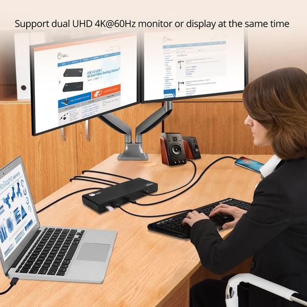 A black USB 3.1 Type-C Dual 4K Docking Station with Power Delivery 60W with two USB ports.