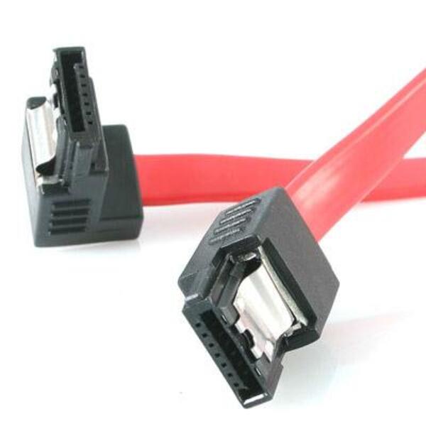 A StarTech.com 12in Latching SATA to Right Angle SATA Serial ATA Cable on a white background.