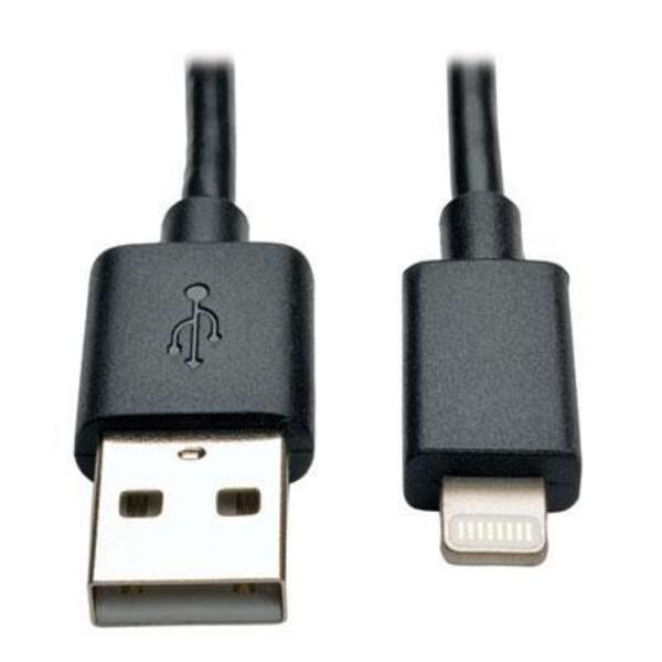 A black Tripp Lite 10in Lightning USB/Sync Charge Cable for Apple iPhone connected to an iPhone.