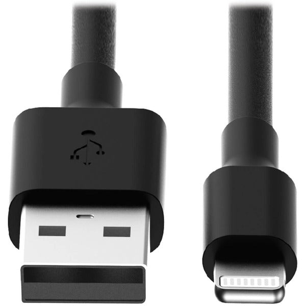 A black Tripp Lite 10in Lightning USB/Sync Charge Cable for Apple iPhone connected to an iPhone.