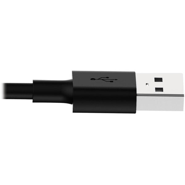 A black Tripp Lite 10in Lightning USB/Sync Charge Cable for Apple iPhone connected to an iPhone.
