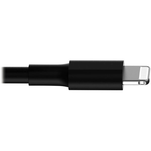 A black Tripp Lite 10in Lightning USB/Sync Charge Cable for Apple iPhone connected to an iPhone.
