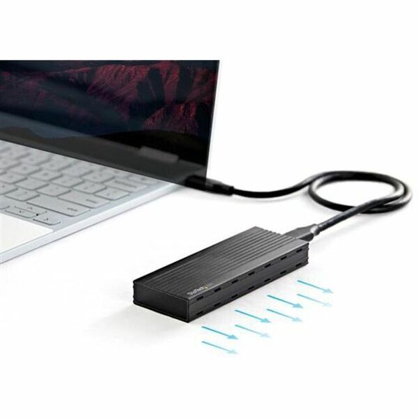 A StarTech.com USB-C (10Gbps) to M.2 NVMe SSD Enclosure - Portable M.2 PCIe Aluminum Case - 1GB/s Read & Write - Mac & PC on a white background.