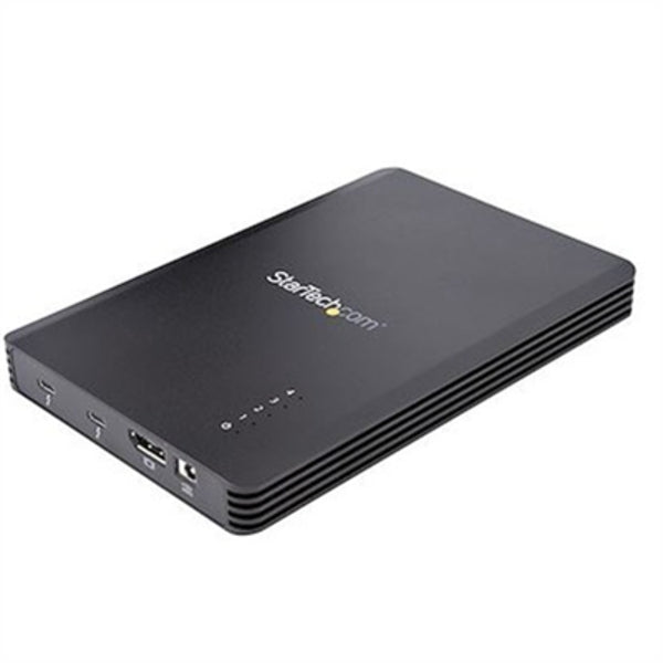 A black StarTech.com 4 Bay Thunderbolt 3 NVMe Enclosure, For M.2 NVMe SSD Drives, 1x DisplayPort Video and 2x TB3 Downstream Ports, 40Gbps on a white background.
