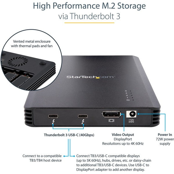 A black StarTech.com 4 Bay Thunderbolt 3 NVMe Enclosure, For M.2 NVMe SSD Drives, 1x DisplayPort Video and 2x TB3 Downstream Ports, 40Gbps on a white background.