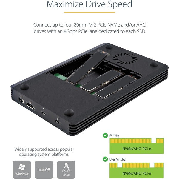 A black StarTech.com 4 Bay Thunderbolt 3 NVMe Enclosure, For M.2 NVMe SSD Drives, 1x DisplayPort Video and 2x TB3 Downstream Ports, 40Gbps on a white background.