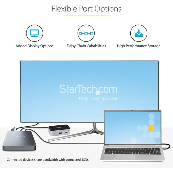 A black StarTech.com 4 Bay Thunderbolt 3 NVMe Enclosure, For M.2 NVMe SSD Drives, 1x DisplayPort Video and 2x TB3 Downstream Ports, 40Gbps on a white background.