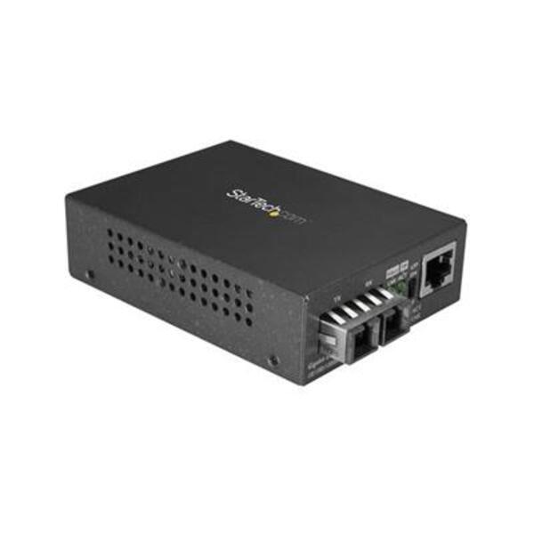 A StarTech.com Multimode SC Fiber Ethernet Media Converter - 1000BASE-SX Gigabit Fiber Optic to Copper Bridge - 10/100/1000 Network - 550m on a white background.