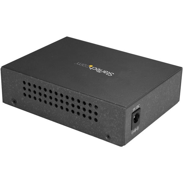 A StarTech.com Multimode SC Fiber Ethernet Media Converter - 1000BASE-SX Gigabit Fiber Optic to Copper Bridge - 10/100/1000 Network - 550m on a white background.