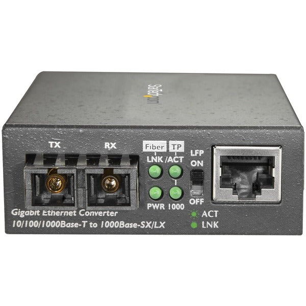 A StarTech.com Multimode SC Fiber Ethernet Media Converter - 1000BASE-SX Gigabit Fiber Optic to Copper Bridge - 10/100/1000 Network - 550m on a white background.