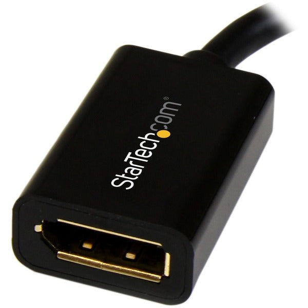 A black StarTech.com Mini DisplayPort to DisplayPort Adapter, 4K x 2K Video, Ultra HD Mini DP to DP Converter, mDP to DP 1.2 Adapter, Male/Female on a white background.