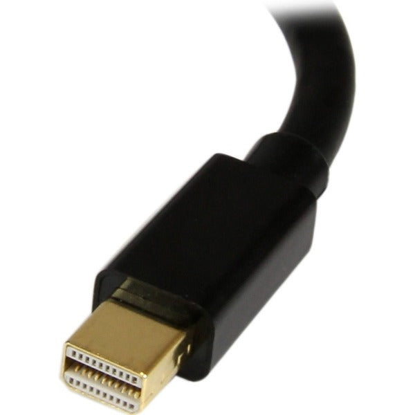 A black StarTech.com Mini DisplayPort to DisplayPort Adapter, 4K x 2K Video, Ultra HD Mini DP to DP Converter, mDP to DP 1.2 Adapter, Male/Female on a white background.