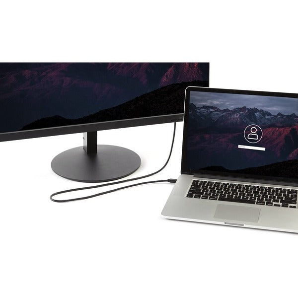 A black StarTech.com 10ft (3m) Mini DisplayPort to DisplayPort 1.2 Cable, 4K x 2K mDP to DisplayPort Adapter Cable, Mini DP to DP Cable.